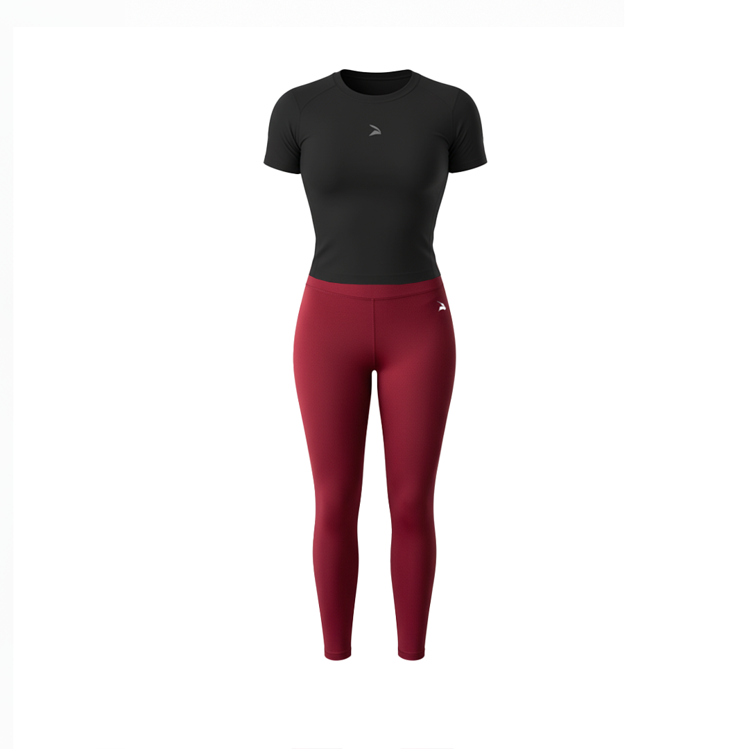 Set Femme GymLynx – Legging Taille Haute + T-Shirt de Compression | Noir / Rouge
