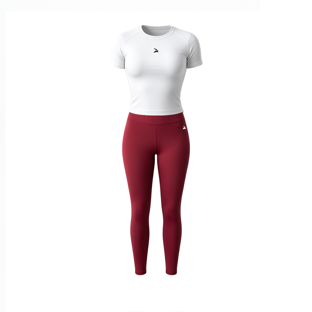Set Femme GymLynx – Legging Taille Haute + T-Shirt de Compression | Blanc / Rouge