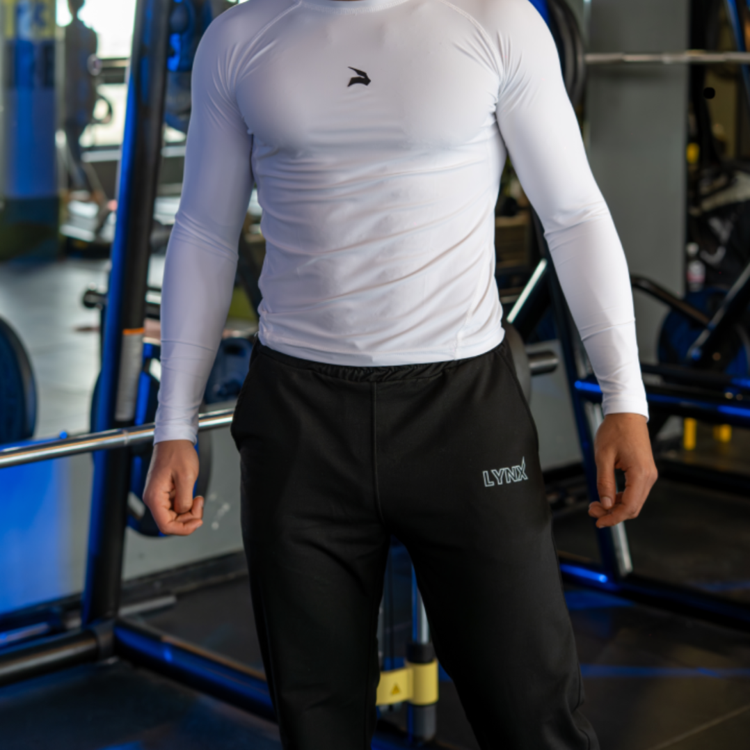 Pack GymLynx Jogger Sport Unisexe Noir + Shirt de Compression Manches Longues Blanc