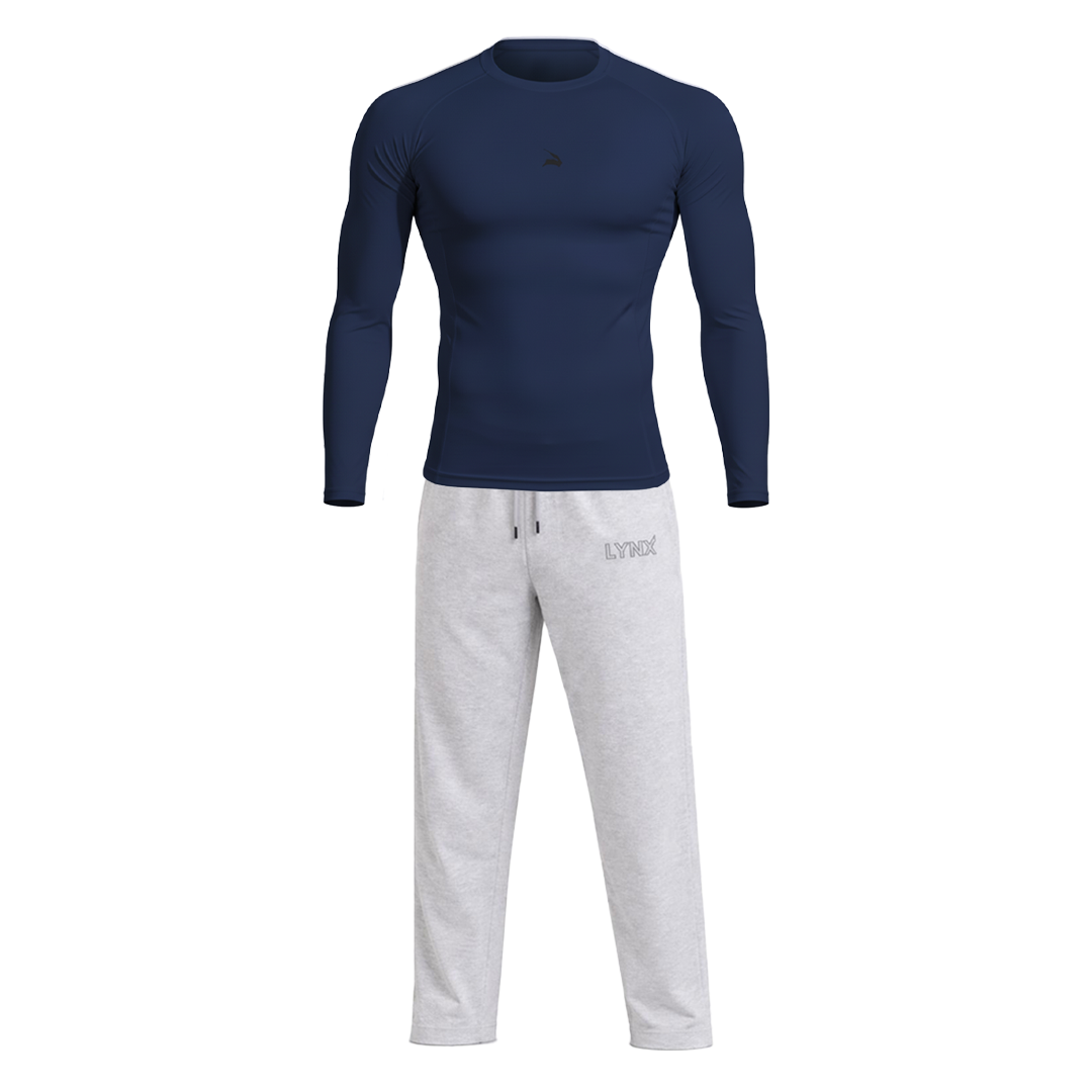 Pack GymLynx Jogger Sport Unisexe Gris + Shirt de Compression Manches Longues Bleu