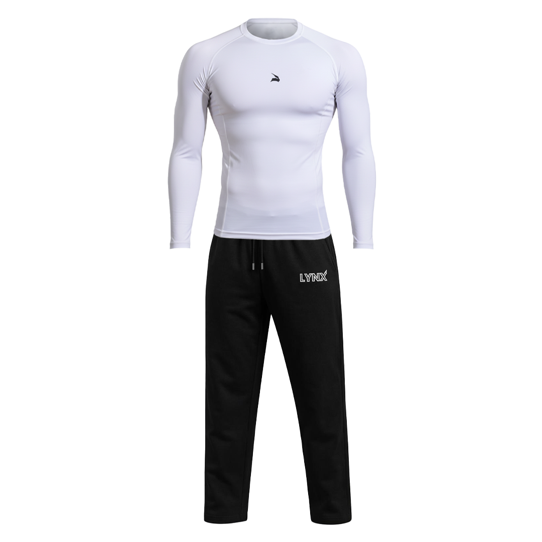 Pack GymLynx Jogger Sport Unisexe Noir + Shirt de Compression Manches Longues Blanc