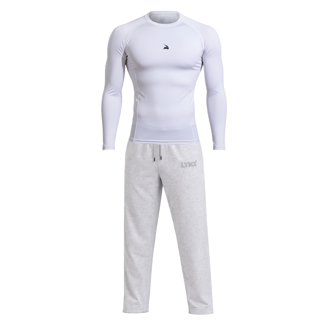Pack GymLynx Jogger Sport Unisexe Gris + Shirt de Compression Manches Longues Blanc